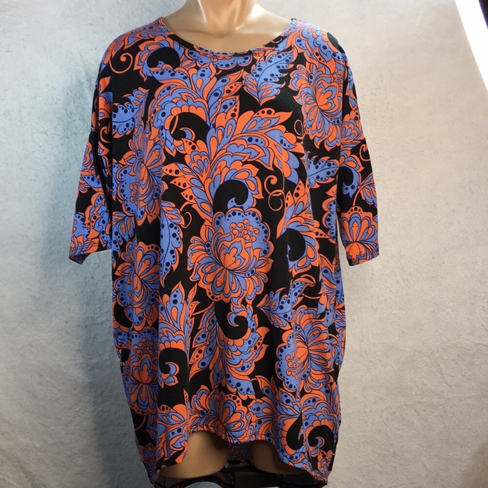 LuLaRoe Long Hi-Lo Irma Tunic Top Black Blue Orange Floral Pattern Size Medium